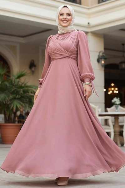N.S NEVA STYLE Rochie de seară Hijab Dusty Rose cu detaliu drapat 4823GK