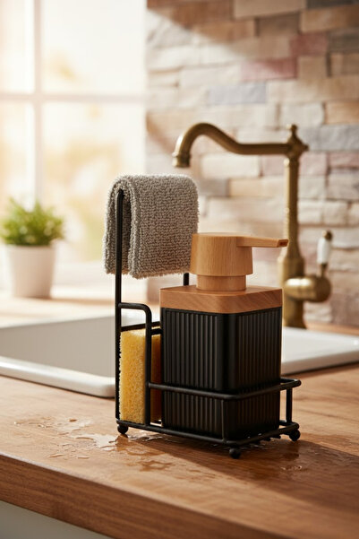 grimorlife Метална стойка с гъба, единична, черна, дървена, акрилна, за препарат за миене на съдове, течен сапун, 400 мл - закачалка за кърпи