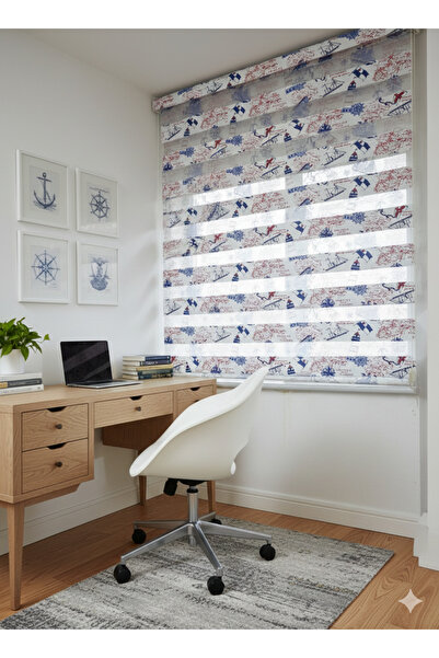 StorMarket GEMİ DESENLİ KIZ ÇOCUK ODASI GENİŞ PLİSE ZEBRA STOR PERDE