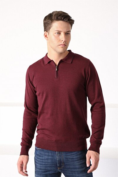 Ferraro Ανδρικό πουλόβερ μπορντό Polo με φερμουάρ 100% βαμβάκι
