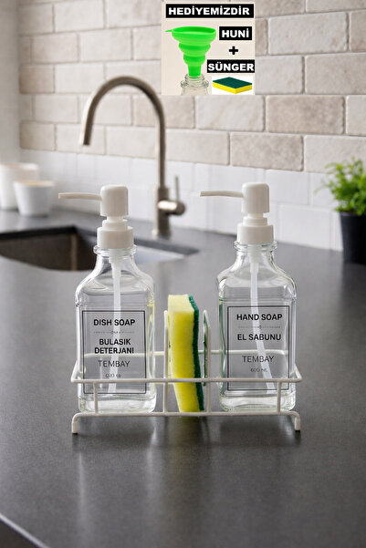 TEMBAY Beyaz Pompalı ve Metal Standlı İkili Cam Sıvı sabunluk Seti 500ml
