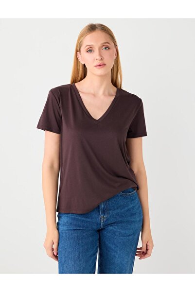 Jimmy Key Кафява тениска с V-образно деколте и къси ръкави от модал
