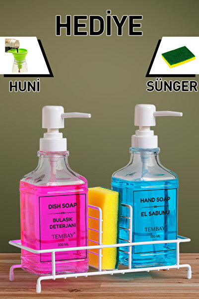 TEMBAY Beyaz Pompalı ve Metal Standlı İkili Cam Sıvı sabunluk Seti 500ml