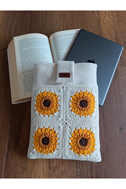 AKSESUARSEPETİ حقيبة تابلت نسائية مزخرفة بزهرة عباد الشمس مع جيوب - حقيبة منظمة مبطنة