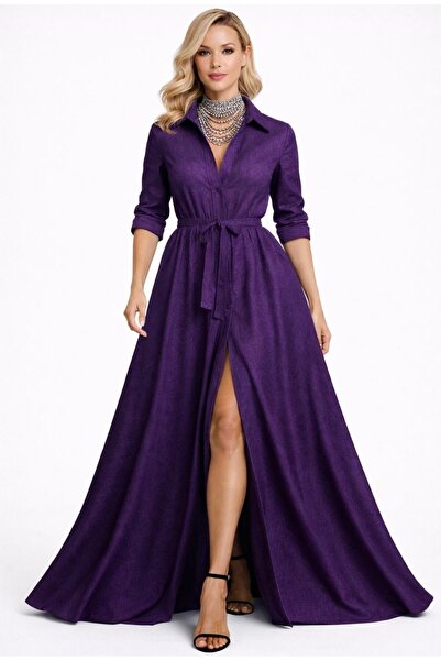 MERT ERKAN Gizli Patlı & Kuşaklı Mor Desenli Tok Saten Gömlek Elbise