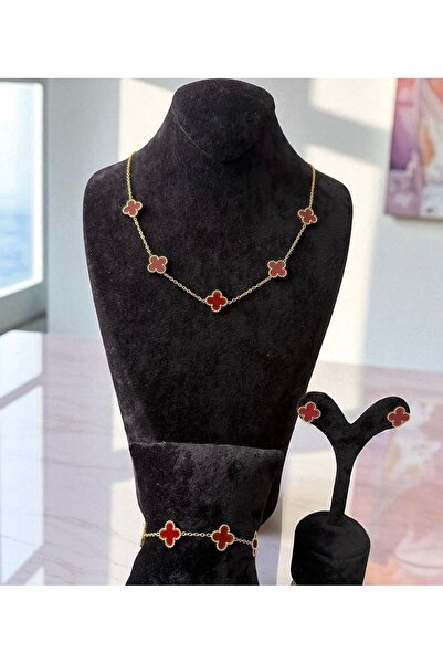 Constanza Exclusive Sarı Bordo Mineli Kolye Bileklik Küpe Set 105