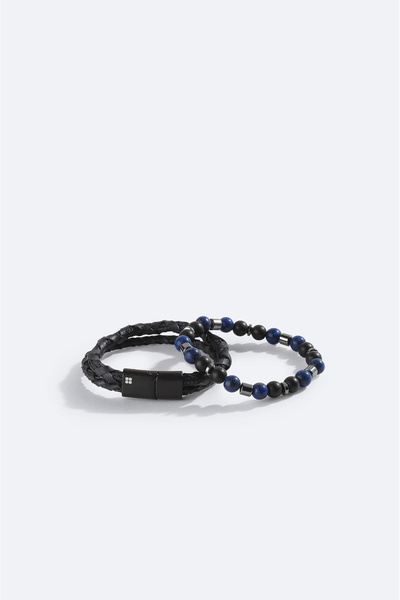 Avva Erkek Lacivert Deri Ceyt ve Hematit Taşlı Bileklik A42Y9620