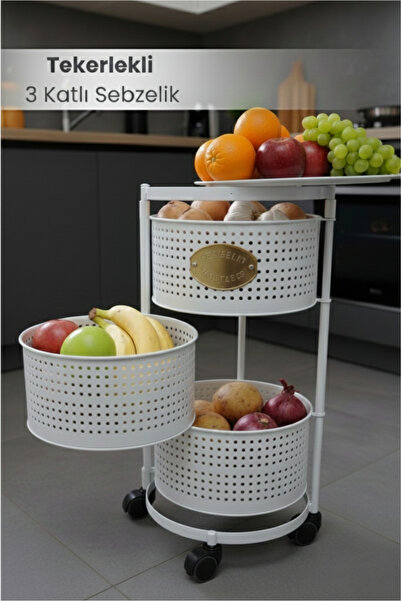 Orvila 3 Katlı Tekerlekli Tepsili Kule Sebzelik Açılır Metal Patates Soğan Me...