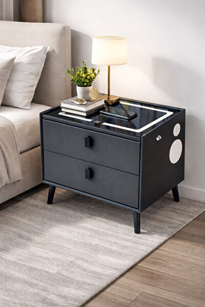 NZONE STORE كومدينو ذكي عصري بدرجين مع شحن لاسلكي وسماعة بلوتوث مدمجة مثالي لغرف النوم و المعيشه والمكتب