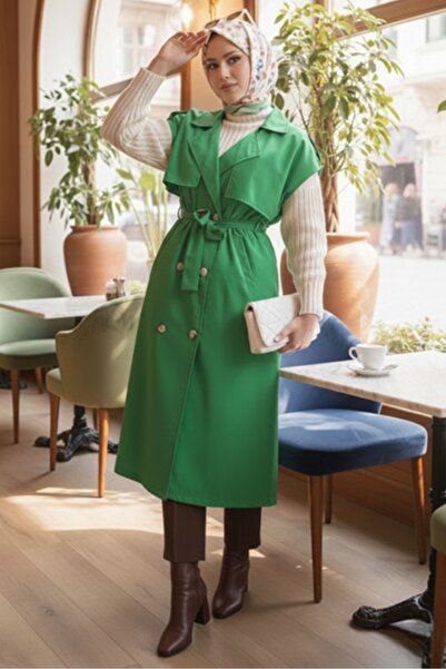 Bestenur Kolsuz Oversize Kuşaklı Trençkot - Yeşil