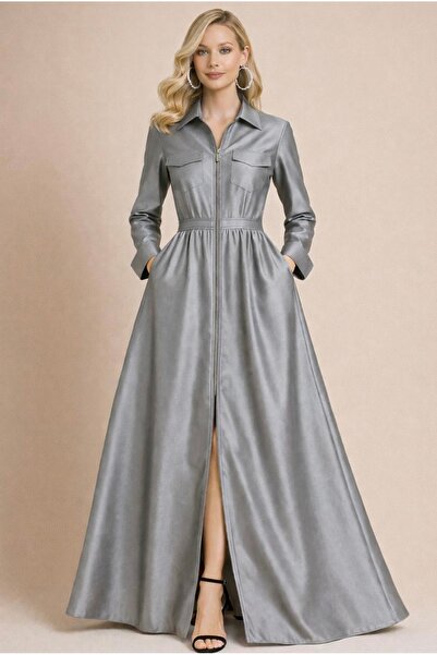 MERT ERKAN Önden Fermuarlı & Utility Detaylı Maxi Tafta Gömlek Elbise