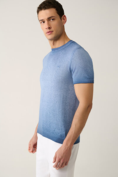 Avva Men's Indigo Crew Neck Paint Effect Knitwear Regular Fit T-Shirt A41Y5115