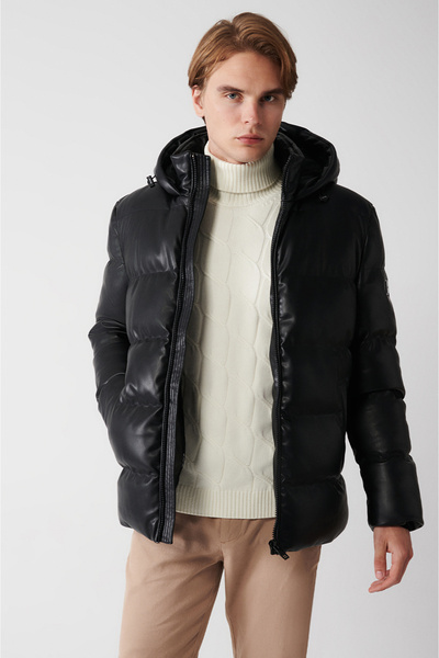 Avva Men's Black Removal Hooded Faux Leather Water Repellent Fabric Puffer Jacket A32Y6052