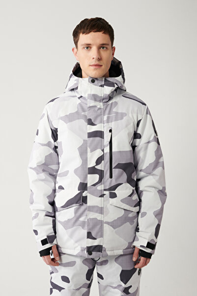 Avva معطف رجالي أبيض ورمادي بغطاء للرأس منقوش مقاوم للماء ومقاوم للرياح للتزلج/التزلج A32y6095