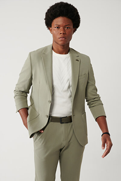 Avva Erkek Açık Haki Yırtmaçlı Astarsız Way Stretch Lightweight Comfort Slim Fit Ceket A41Y4003