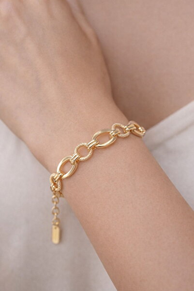 Kadın Bileklik Kararmaz 14k Altın Renk Vip Seri İthal Elips Yuvarlak Birleşim Bileklik