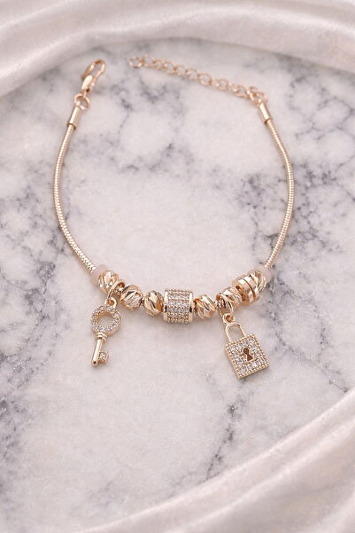 DEMOKAN Kadın Gold Kilit Anahtar Zirkon Detay Dorika Çelik Bileklik