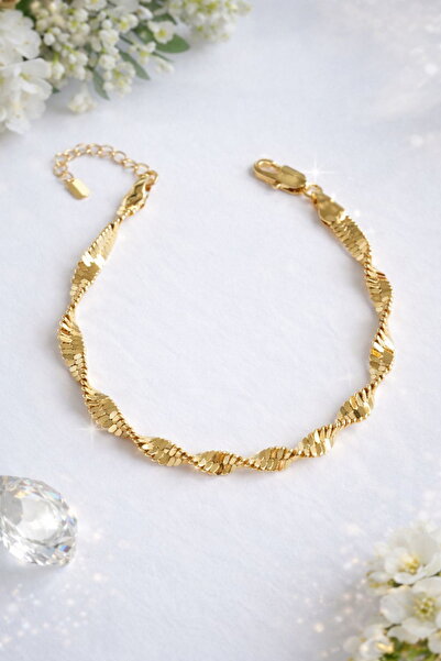 DEMOKAN Kadın Çelik Bileklik Kararmaz 14k Altın Renk Vip Seri İthal 4mm Burgu-İtalyan Zincir Kadın Bileklik