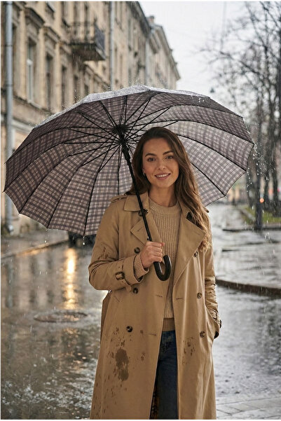 MACERATİ Kaliteli Koyu Mavi Gri Füme Antrasit Desenli Kırılmaz Şemsiye 16 Telli Umbrella