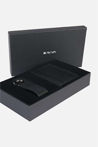 Avva Men's Black Gift Boxed 100% Leather Wallet-Keychain Set A32Y9570