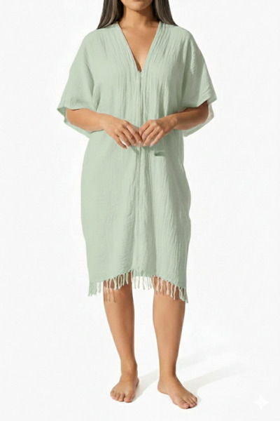 Blue Burgeon STANDART BEDEN KADIN MÜSLİN BAĞLANABİLİR YIRTMAÇLI PLAJ ELBİSESİ...