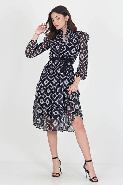 Neşeli Butik Kadın Kemerli Yakası Bağlama Detaylı Midi Boy Gipeli Şifon Elbis...