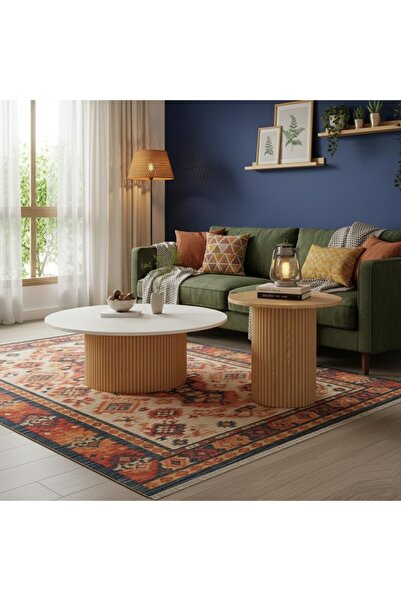 Mobilya Stant Most Bohem Orta Sehpa Ceviz 2'li Set %100 Mdf 85 Cm. Çap (EVİNİ...