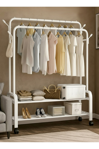 AGD منظم ملابس معدني وحامل ملابس أبيض بعجلات، مع أرفف تخزين 110×55×150 سم