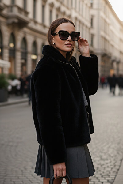 Lela معطف فرو بياقة عالية وسحاب وتصميم فضفاض 497ZETA