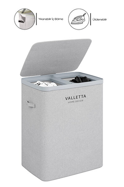 valletta Paloma 100l Çift Bölmeli Katlanabilir Kumaş Kirli Çamaşır Sepeti Light Gray