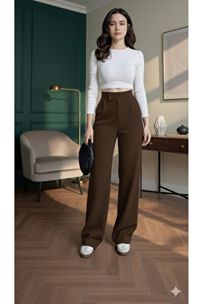 Marina Trend بنطلون بالازو أسود عالي الخصر مع تفاصيل فيلكرو وطيات أمامية وأرجل واسعة