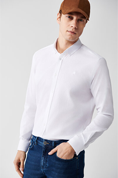 Avva Men's White Buttoned Collar Seersucker Cotton Shirt A32Y2071