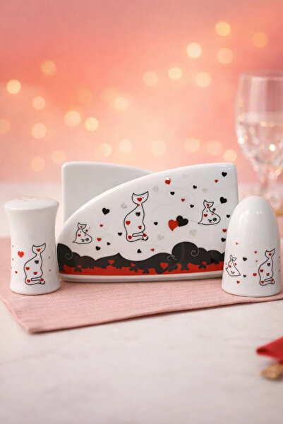 Cats By Luyano Porselen Tuzluk Biberlik Peçetelik 3'lü Set Love Cats Aşk Kedi...