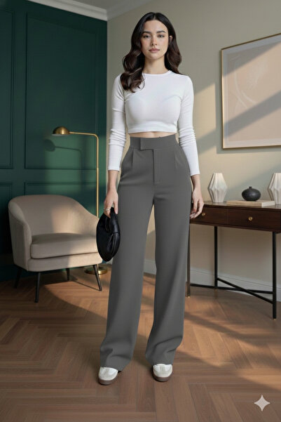 Marina Trend Negru talie înaltă pantaloni palazzo Velcro Detaliat cu velcro în față, pliat în față, picior largi