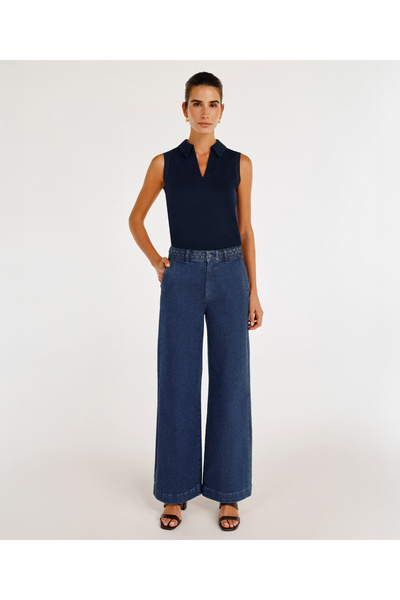 Yargıcı High Waist Wide Leg Denim Trousers with Braided Belt Detail