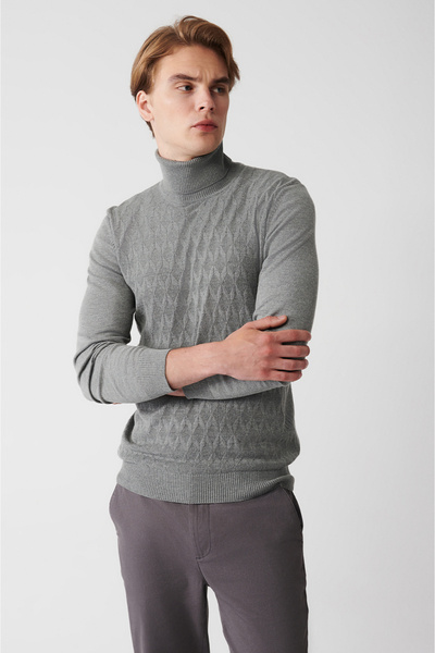 Avva Grauer Herren-Strickpullover mit Rollkragenpullover aus Baumwolle mit Muster A32y5198