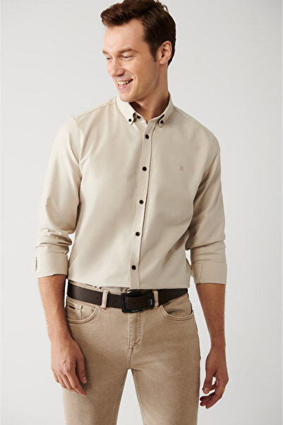 Avva Men's Beige 100% Cotton Buttoned Collar Shirt A32Y2120
