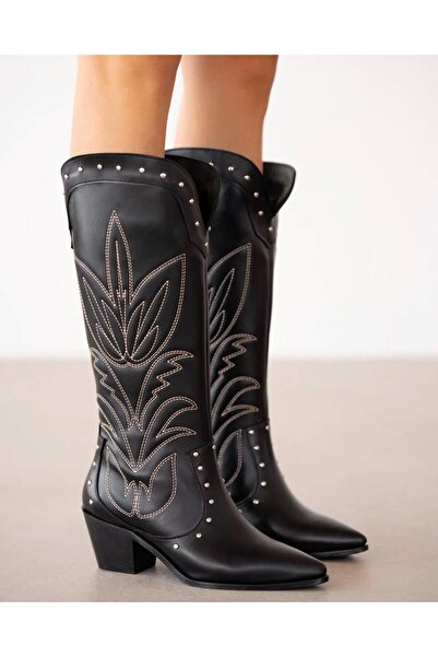 Zuum Sures Nakışlı Kadın Çizme - Siyah Cilt