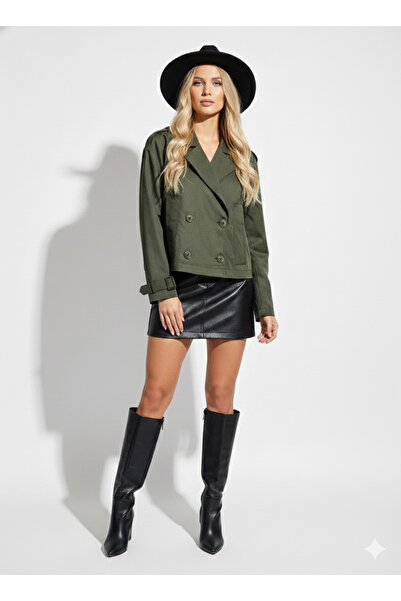 ribana Women's Double-Breasted Collar Lined Double Button Sleeve Detailed Crop Trench Coat