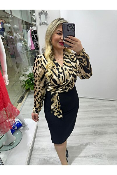 SBUTİK Leopar Şifon Üst Siyah Alt Double Elbise stp 2346