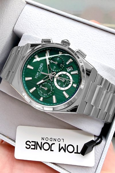 Tom Jones London Original Men's Wristwatch Waterproof Silver Green Color Stee...
