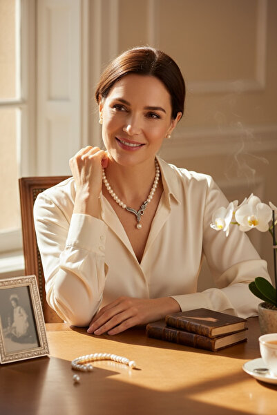 FAYRA ACCESSORIES Zirkon Taşlı Tek Sıra İnci Kolye