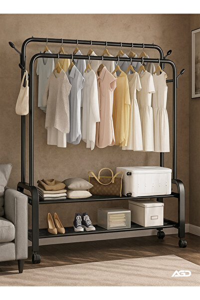 AGD حامل مزدوج للملابس والقبعات والحقائب بعجلات، ورفي تخزين، مقاس 110*57*150سم - أسود