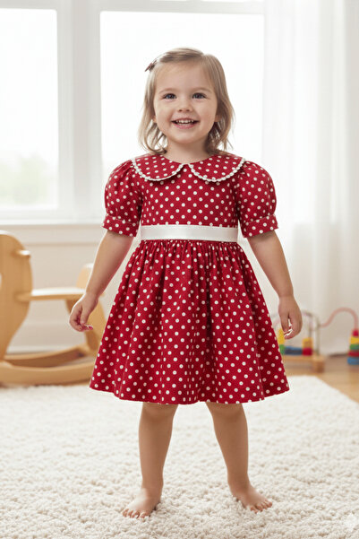 Bertuğ Bebek طفل طوق الدانتيل طفلة البولكا نقطة القطن فستان ميني الأحمر