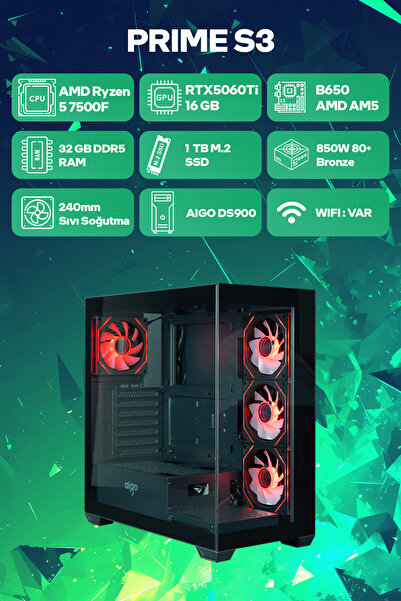 Game Garaj Prime S3 AMD Ryzen 5 7500F 32GB RAM 1TB SSD RTX5060Ti 16GB 240mm Sıvı Soğutma FreeDOS Oyuncu OEM Pak