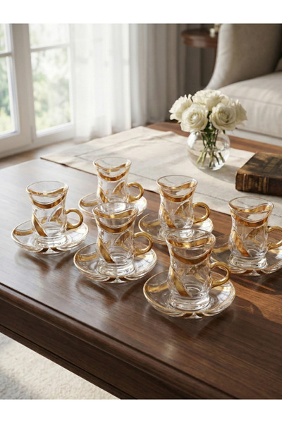 SQUALO طقم كاسات شاي تركي – 6 حبات بنقوش ذهبية مع أطباق