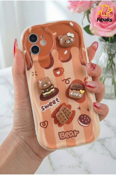 Fibaks غطاء سيليكون متوافق مع آيفون 12 متوافق مع آيفون 12 مصمم بتصميم منقوش ومحمي بكاميرا الدب تيدي بسكويت ملون من السيليكون