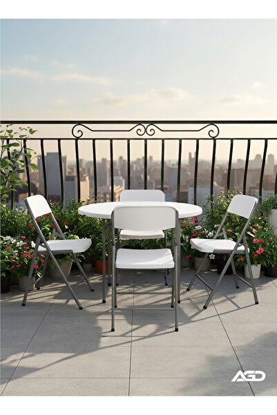 AGD طاولة بلاستيكية دائرية قابلة للطي بإطار فولاذي للرحلات والتخييم والمنزل - أبيض