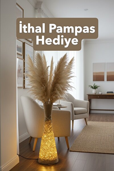 Smyrna Dekorasyon El Yapımı Jüt İplikli LED Işıklı Dekoratif Büyük Boy Vazo, Pampas Vazosu - Türkiye'de Tek - 60 cm