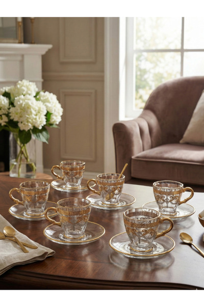 SQUALO طقم فناجين شاي زجاجية – 6 قطع – مزخرفة بالذهب والفضة